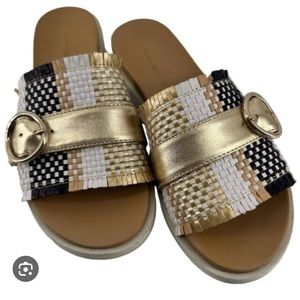Tommy Hilfiger Slides Womens 7.5M Open Toe Dressy Gold Black White Woven Sandals
